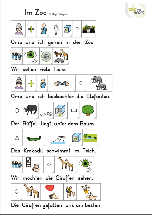 BildMitWort Arbeitsblatt zum Thema Zoo. Darstellung eines fertigen Arbeitsblatte mit dem Thema Zoo.
